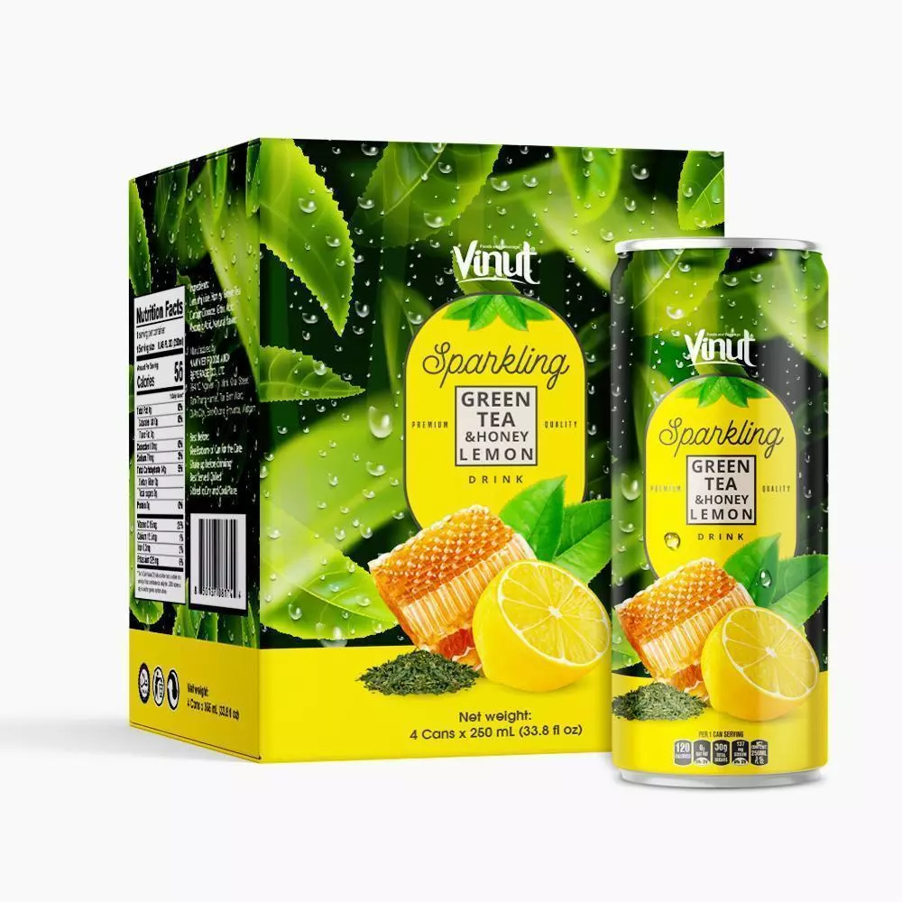 Box 4 Cans VINUT Premium Back tea Honey Lemon Sparkling water